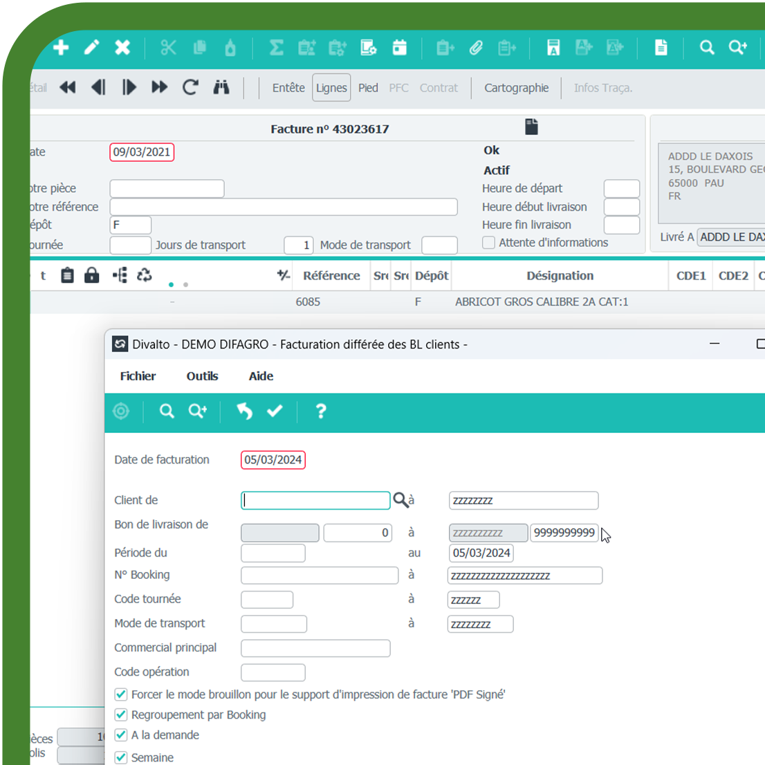 écran facturation difagro