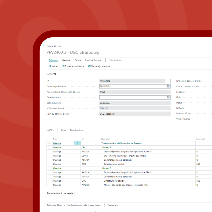 écran de facturation de l'ERP batiment